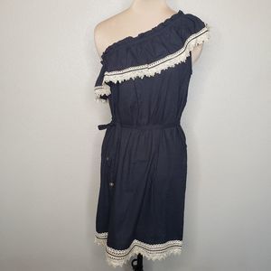 Mud Pie medium black ruffle one shoulder dress with lace crochet trim